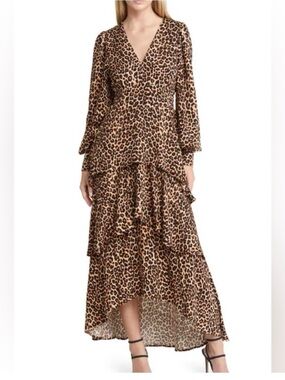 Leopard Print High-Low Ruffle Maxi Dress in Brown